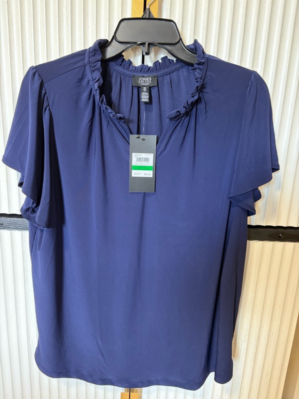 Jones New York Navy Ruffle Collar Flutter Sleeve Blouse